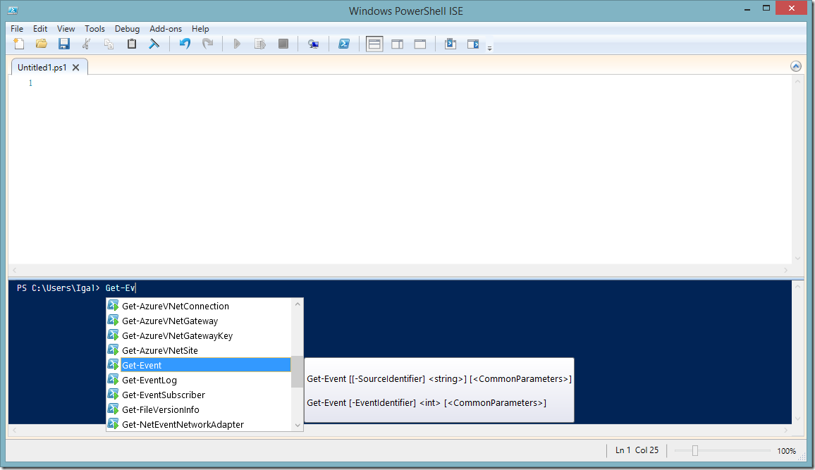 Figure 1: PowerShell ISE - an IDE for PowerShell with code completion (IntelliSense) and an integrated debugger.